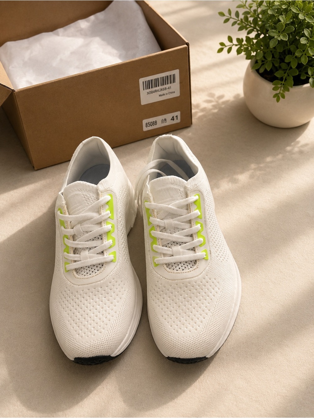 Men's White Knit Sneakers with Neon Yellow Eyelet Accents